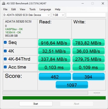 Verificação de desempenho com o ADATA SE920 via USB-C