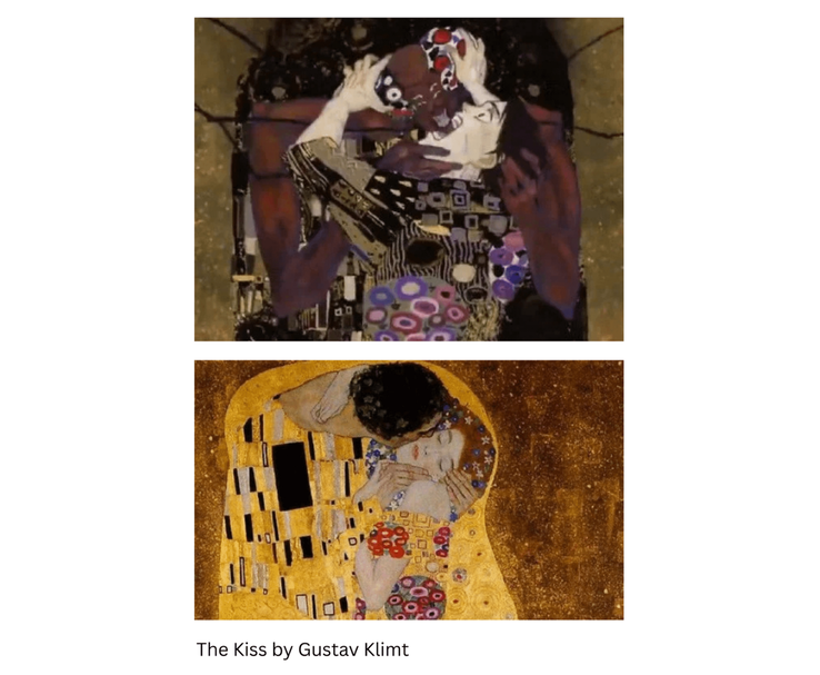 Comparação mostrando uma cena de abertura da terceira temporada de Jujutsu Kaisen inspirada na pintura The Kiss, de Gustav Klimt. (Fonte da imagem: r/JujutsuKaisen no Reddit)