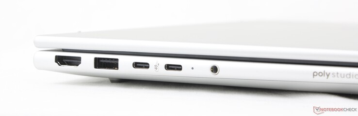 Esquerda: HDMI 2.1, USB-A (5 Gbps), 2x USB-C 4.0 com DisplayPort 1.4 + Power Delivery (40 Gbps)