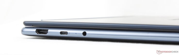 Esquerda: HDMI 2.1 (4K120), USB-C (40 Gbps) Thunderbolt 4 com DisplayPort 2.1 + Power Delivery 3.0, auscultadores de 3.5 mm