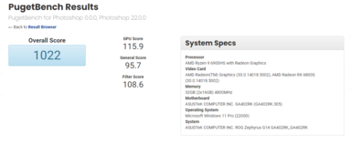 Asus ROG Zephyrus G14 com Ryzen 9 6900HS e Radeon RX 6800S no PugetBench Photoshop. (Fonte: PugetBench)
