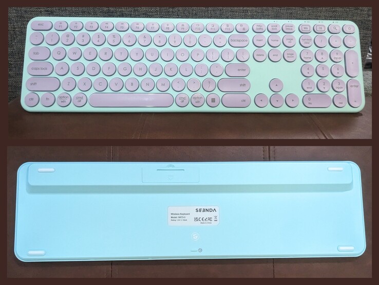 Uma olhada na parte frontal e traseira do teclado sem fio simples Seenda Creative WGJP-073-3-SD. (Fonte da imagem: Megan Miranda Reyes)