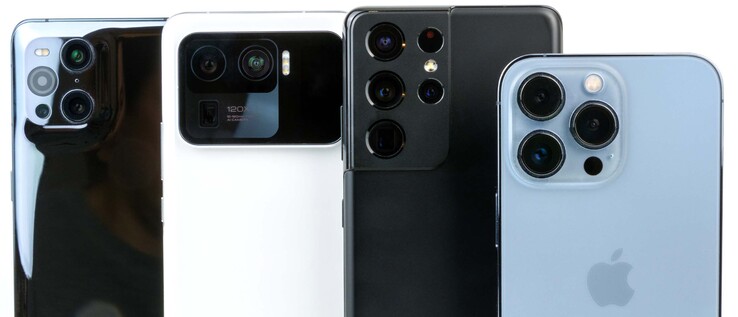 a partir da esquerda: Encontrar X3 Pro, Mi 11 Ultra, Galaxy S21 Ultra e iPhone 13 Pro