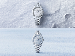 O Grand Seiko SBGX359 (em cima) e o SBGX361 (em baixo), retratados contra fundos estilizados de neve e céu.