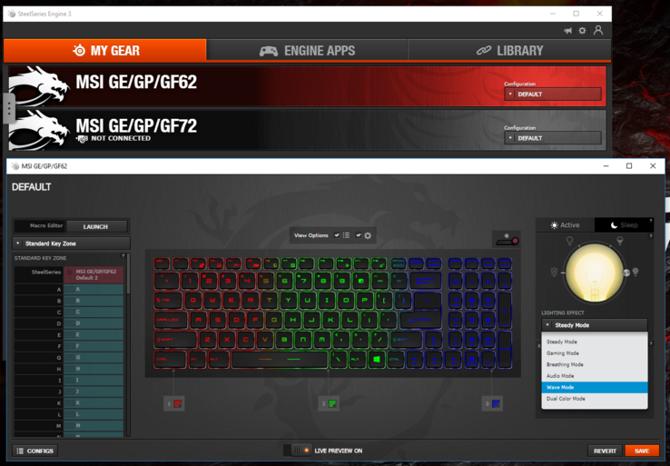 The SteelSeries Engine 3 application allows for key rebindings and different lighting effects across the RGB keyboard.