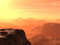 Ilustração de um artista mostrando uma paisagem em um exoplaneta.