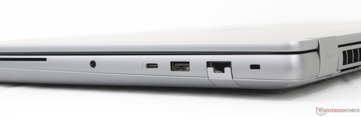 À direita: Leitor de cartão inteligente, fone de ouvido de 3,5 mm, USB-C Thunderbolt 4 com DisplayPort 2.1 + Power Delivery (40 Gbps), USB-A (10 Gbps), RJ-56 (2,5 Gbps), slot de bloqueio