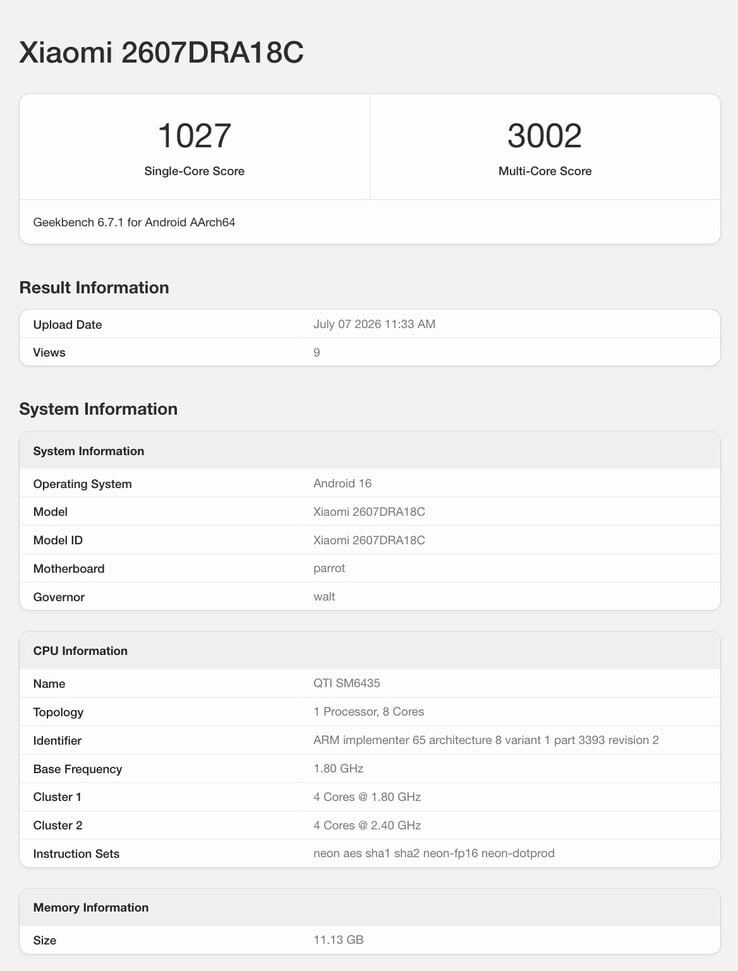 Listagem no Geekbench de um futuro celular da Xiaomi.