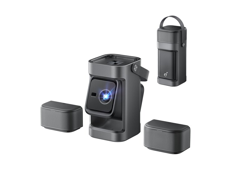 O projetor Soundcore Nebula P1 tem dois alto-falantes destacáveis de 10 W, uma alça de transporte e um gimbal de braço duplo de 130 graus. (Fonte da imagem: Anker)