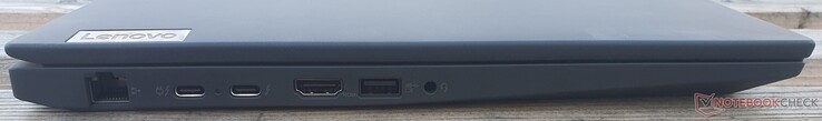 Conexões à esquerda: GBit LAN, 2x Thunderbolt 4, HDMI 2.0b, USB-A 3.2 Gen 1 (5 GBit/s), conector