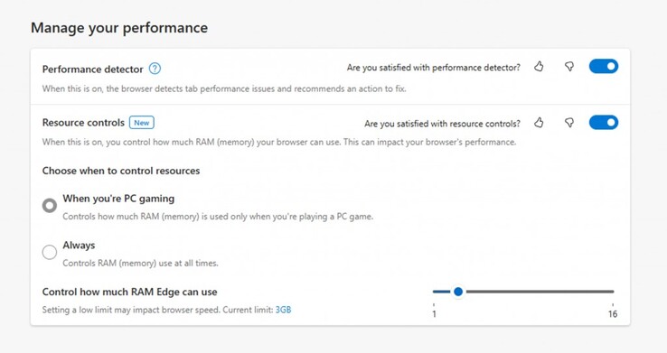 As configurações de recursos do Microsoft Edge permitem que os usuários definam um limite fixo de RAM. (Fonte: Microsoft)