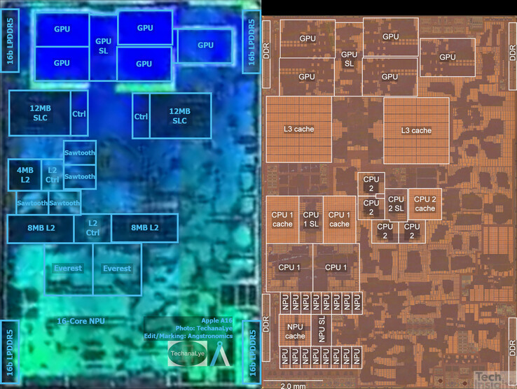 Apple A16 Bionic vs A15 Bionic (imagem via Angstronomics)