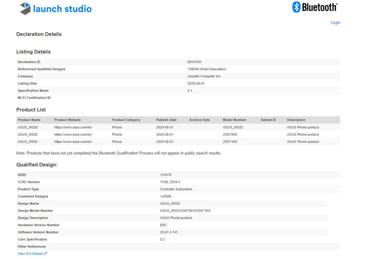 O ASUS_I002D no banco de dados do Bluetooth SIG. (Fonte: Bluetooth SIG via MySmartPrice)