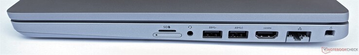 Right: microSD cardreader (top), SIM card bay (bottom), 2x USB 3.2 Gen1 type A, HDMI, GigabitLAN, Kensington