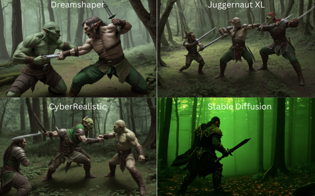 Prompt: Um elfo na floresta carregando uma espada lutando contra um orc - Embora seja o menos preciso em termos de solicitação, o Stable Diffusion produz as imagens mais realistas (Fonte da imagem: David Devey)