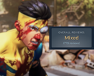 Uma captura de tela no jogo com a classificação de avaliação "Mista" do Steam sobreposta.
