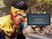 Uma captura de tela no jogo com a classificação de avaliação "Mista" do Steam sobreposta.