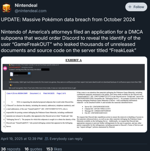 Postagem do Nintendeal Bluesky sobre a intimação da Nintendo Teraleak (Fonte da imagem: captura de tela, conta do Nintendeal Bluesky)