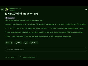 Postagem no Reddit sobre a disponibilidade do Xbox Series X no Reino Unido (Fonte da imagem: Xbox subreddit)