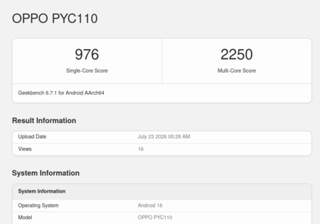 Listagem do Oppo A7 Pro Max (PYC110) no Geekbench 6.7.1