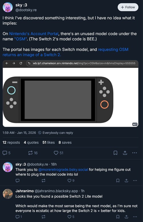 Descoberta do código no site do portal Nintendo Account (Fonte da imagem: captura de tela, Sky: 3 Bluesky account)