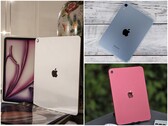 Uma colagem de três imagens mostrando um iPad prateado com sua caixa, um iPad mini azul em uma superfície de madeira e um iPad rosa ao ar livre. (Fonte da imagem: Notebookcheck)