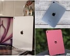 Uma colagem de três imagens mostrando um iPad prateado com sua caixa, um iPad mini azul em uma superfície de madeira e um iPad rosa ao ar livre. (Fonte da imagem: Notebookcheck)