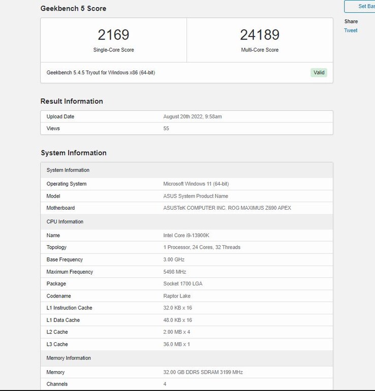 Geekbench 5 entrada para o Core i9-13900K. (Fonte: Geekbench)