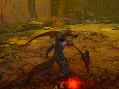 Yakumo, o deuteragonista de Ninja Gaiden 4, empunhando sua nova arma concedida pelo DLC Two Masters - uma foice transformadora de dois gumes perfeitamente acessível no meio do combo junto com as outras cinco armas brancas de seu arsenal.