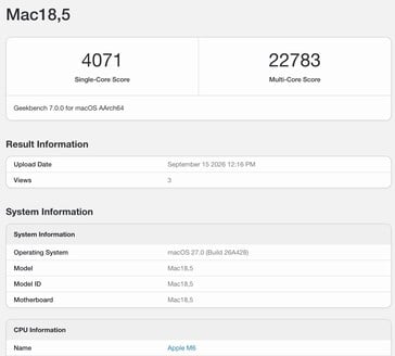 Resultado do Apple M6 no Geekbench 7.