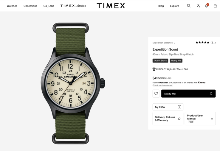 Este modelo Timex Expedition Scout, por exemplo, custa US$ 50. É uma pena que esteja em falta, no entanto.