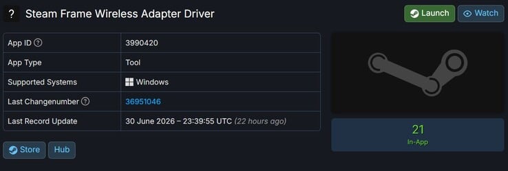 Driver do adaptador sem fio Steam Frame listado no SteamDB.