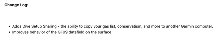As notas de lançamento do software v25.21 para o computador de mergulho Garmin Descent G2