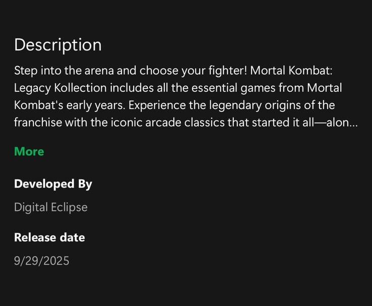 Listagem vazada do aplicativo Xbox para Mortal Kombat: Legacy Kollection revela um lançamento em 29 de setembro de 2025 (Fonte da imagem: u/ByrdofMemes via Imgur, originalmente compartilhado no Reddit)