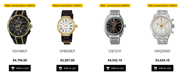 Na foto, as listas de produtos dos quatro relógios Seiko com seus preços anexados ao lado em SG$.