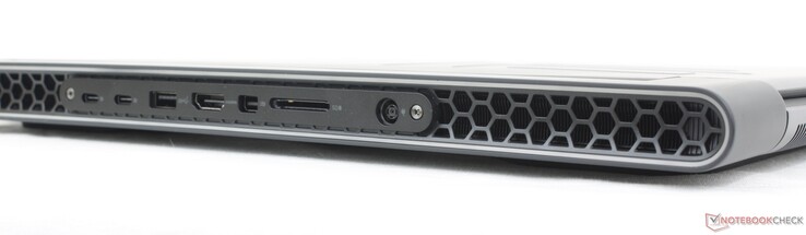 Traseira: 2x USB-C 3.2 Gen. 2 com DisplayPort + Power Delivery, USB-A 3.2 Gen. 1, HDMI 2.1, Mini-DisplayPort 1.4, leitor SD, adaptador CA