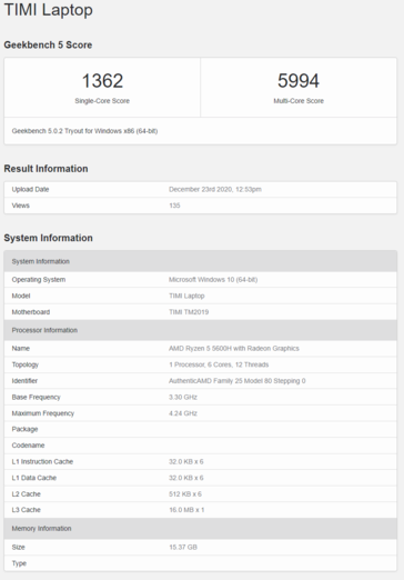 Mi Notebook Pro com AMD Ryzen 5 5600H. (Fonte: Geekbench)