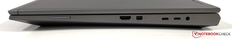 Lado direito: Leitor de cartões SD, HDMI 2.0b, Mini-DisplayPort 1.4, 2x Thunderbolt 4 (USB 4, 40 Gbps), potência