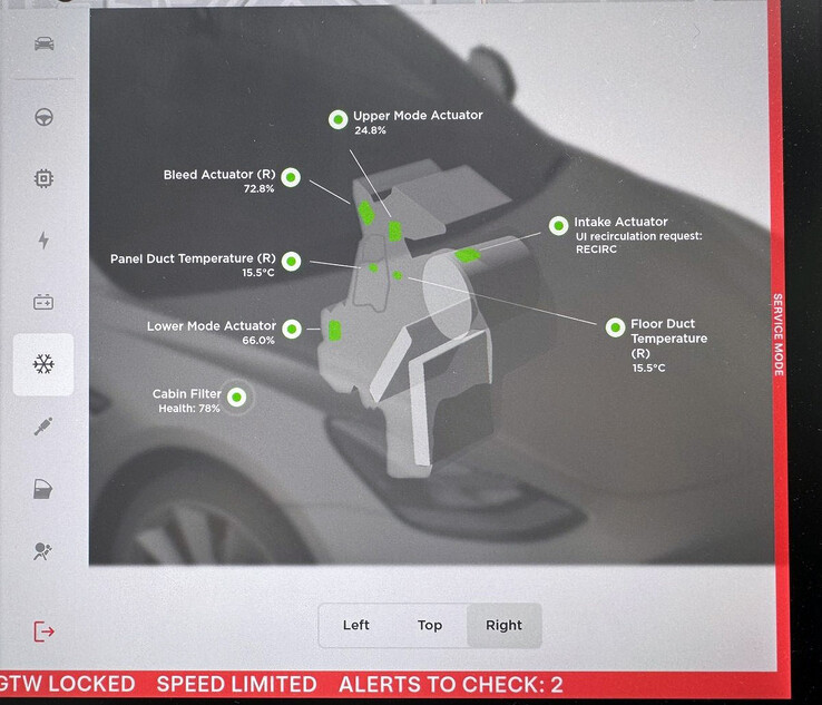 Contador de integridade do filtro de cabine da Tesla no modo de serviço