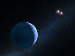 Uma ilustração mostrando um exoplaneta e duas estrelas vermelhas.