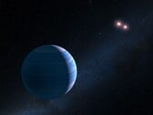 Uma ilustração mostrando um exoplaneta e duas estrelas vermelhas.