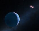 Uma ilustração mostrando um exoplaneta e duas estrelas vermelhas.