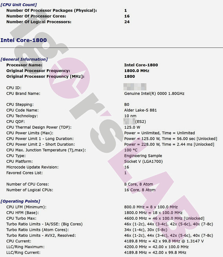 Especificações técnicas do Intel Alder Lake-S Core-1800 ES. (Fonte: Igor'sLAB)