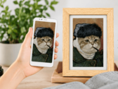 Moldura digital Bigme exibindo um retrato de animal de estimação gerado por IA