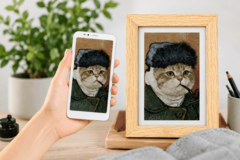 Moldura digital Bigme exibindo um retrato de animal de estimação gerado por IA