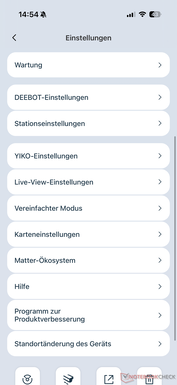 Menu com várias opções de configuração