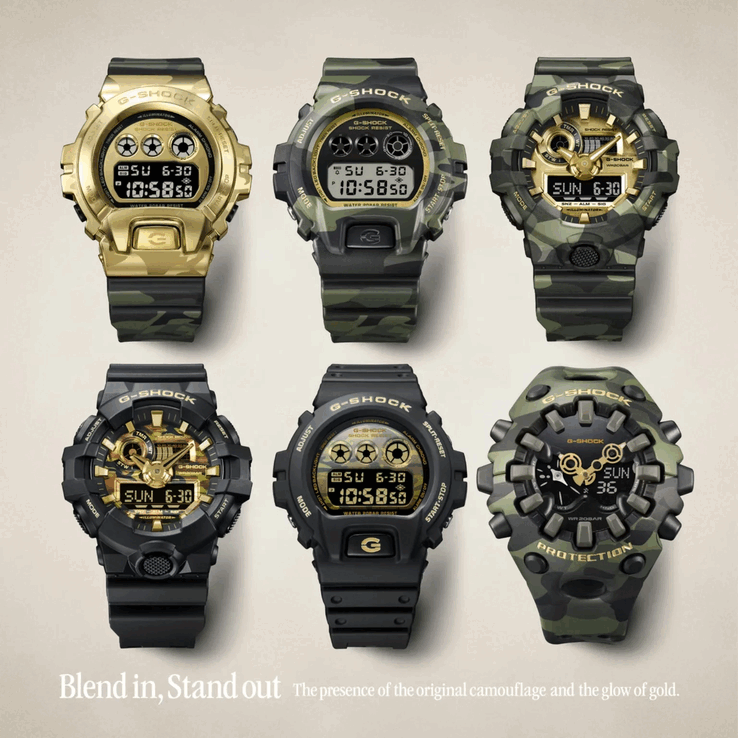 O G-Shock GM-6900CMG-3, o DW-6900CMG-3, o GA-700CMG-3AJF, o GA-700CF-1A, o DW-6900CF-1 e o GA-V01CMG-3A (nomes começando do canto superior esquerdo para a direita)