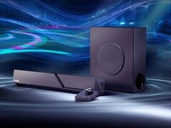 A barra de som para jogos ROG Gjallar inclui um subwoofer sem fio e um centro de controle.