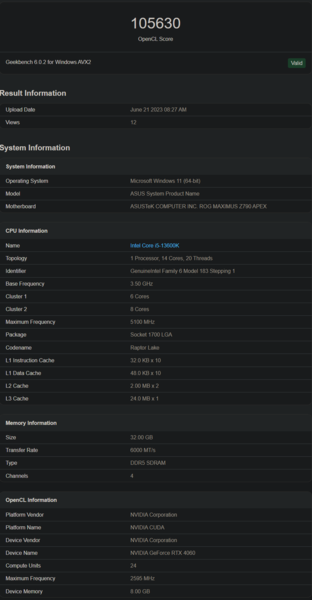 Nvidia GeForce Desempenho do RTX 4060 OpenCL (imagem via Geekbench)