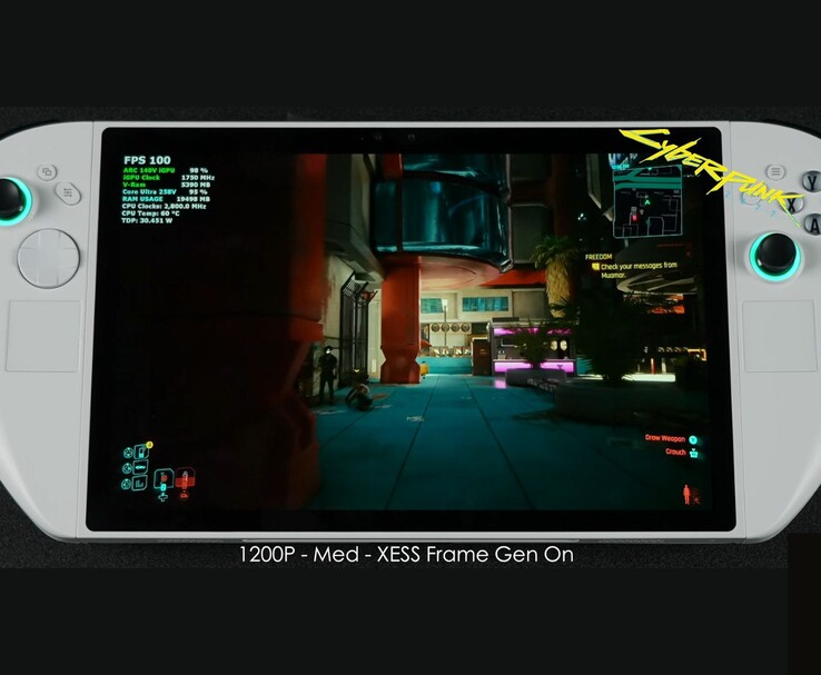 O computador de mão Abxylute 3D One executando Cyberpunk 2077 em configurações médias de 1200p com XeSS Frame Generation ativado, mostrando 100 FPS na tela. (Fonte da imagem: ETA PRIME via YouTube)
